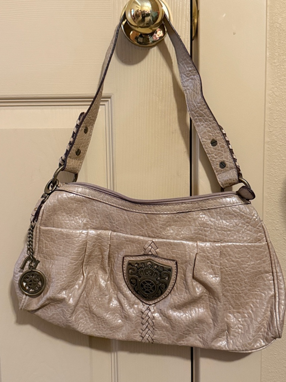 Nicole Metallic Taupe Shoulder Bag with Crest Emblem